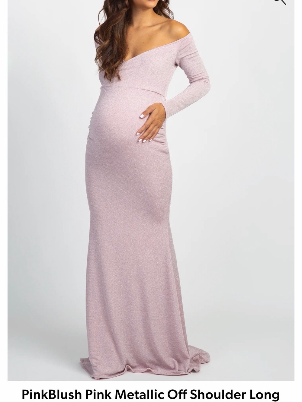 Pinkblush Dusty Pink Metallic Off-Shoulder Long Sleeve Maternity Gown